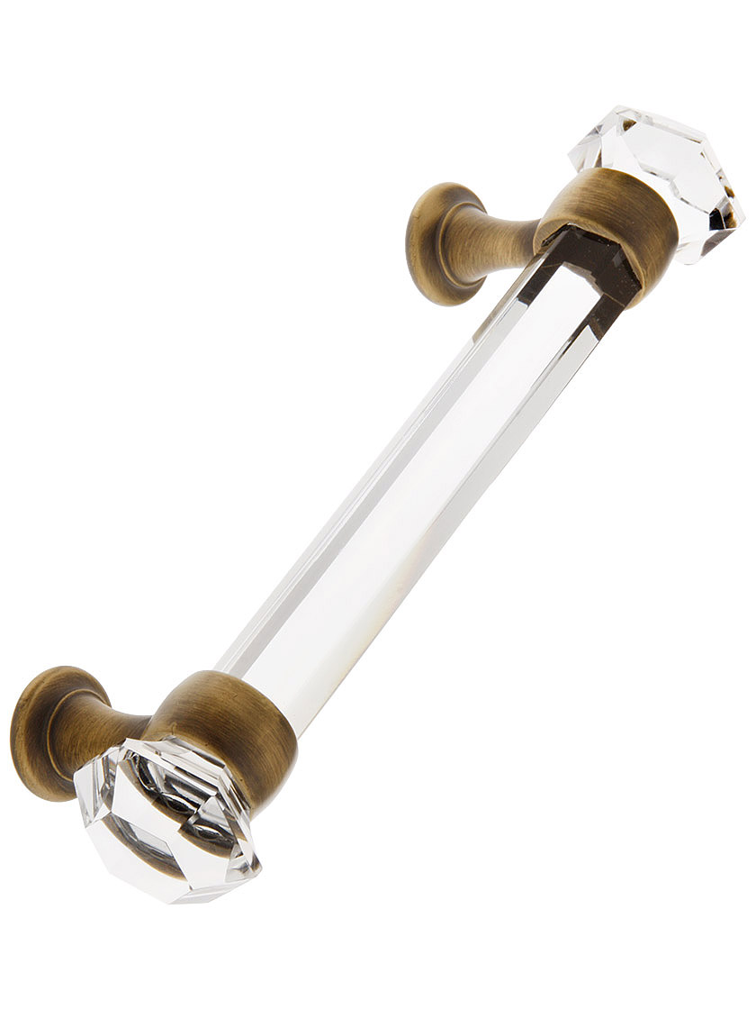 4 inch On Center Hexagonal Cut Glass Handle With Solid Brass Bases in Antique Brass.